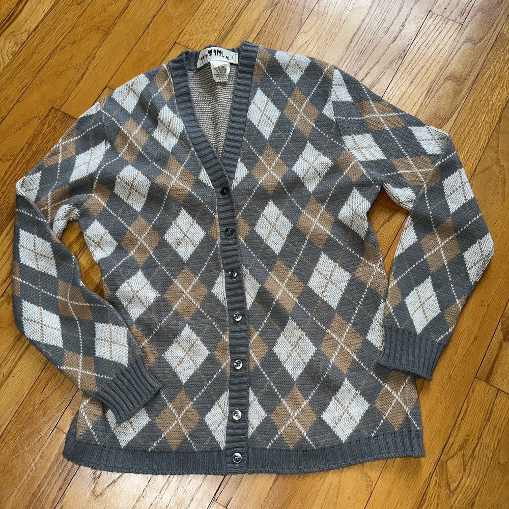 Vintage 80s Argyle Cardigan Sweater Orlon Acrylic USA Made M / 10 Academia Prep